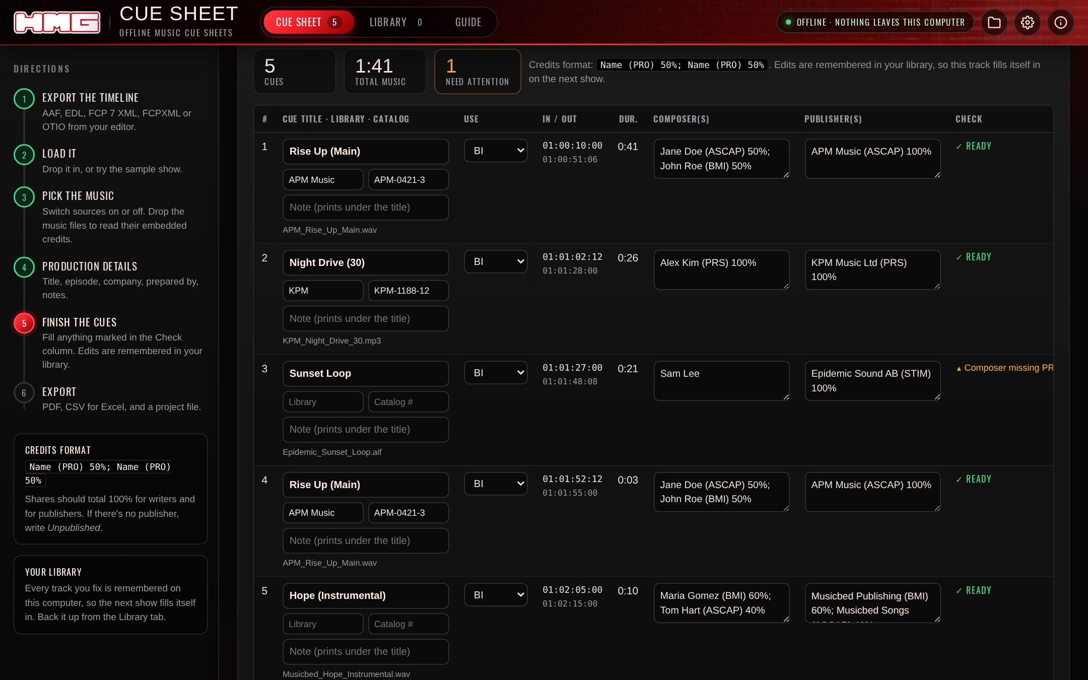 Cue Sheet with five cues, credits and use codes