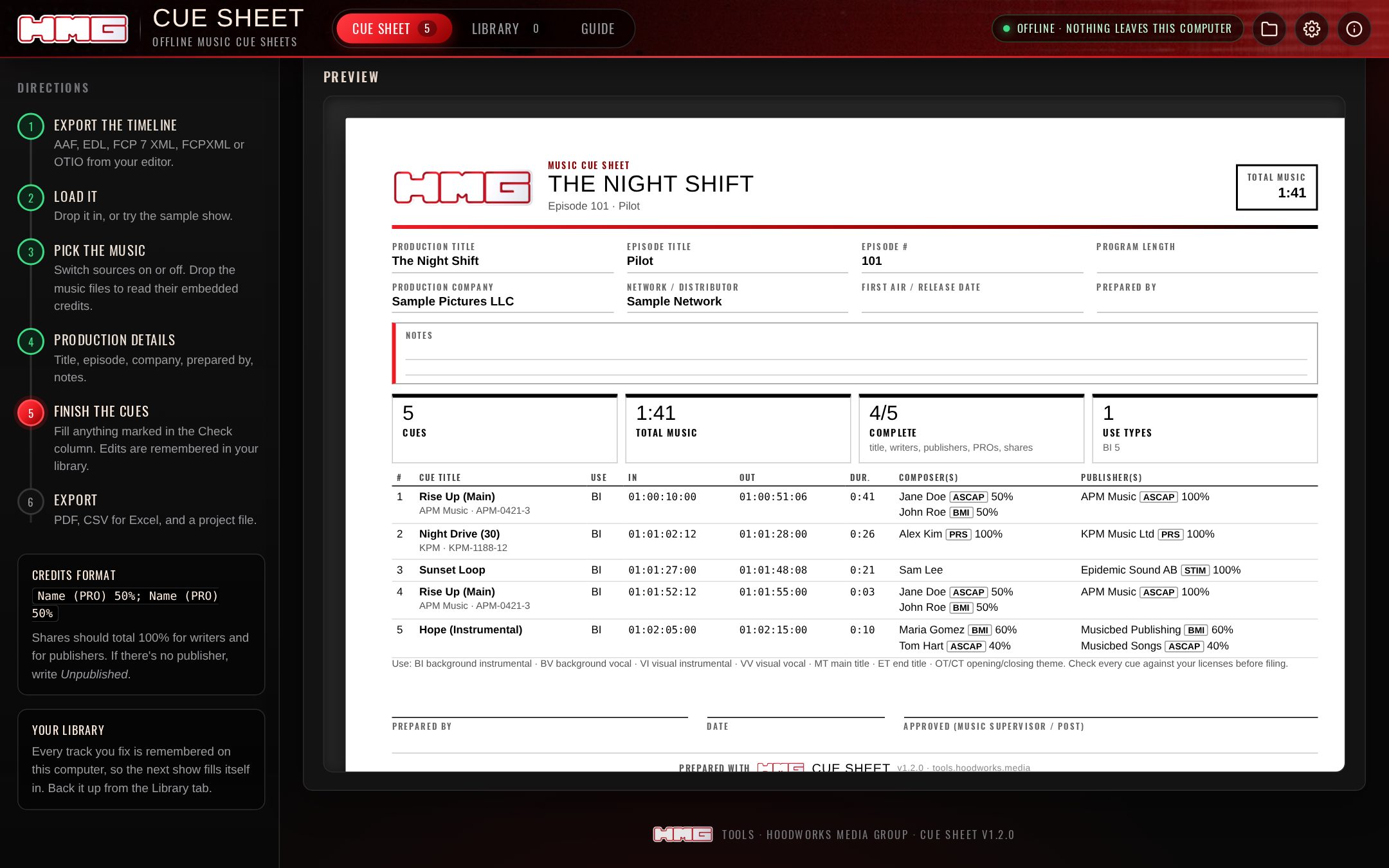 Cue sheet PDF preview