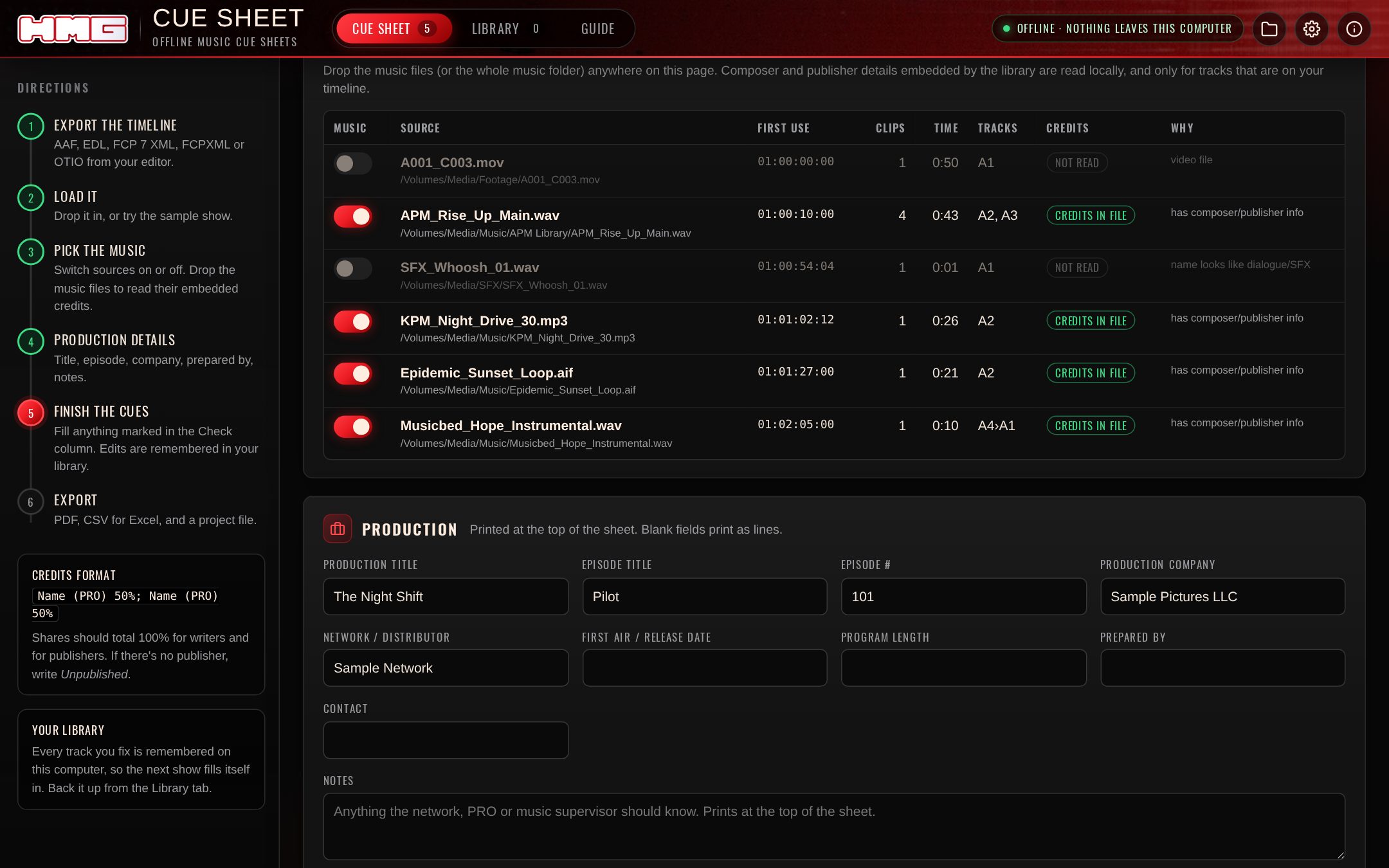 Music sources with credits found in the files