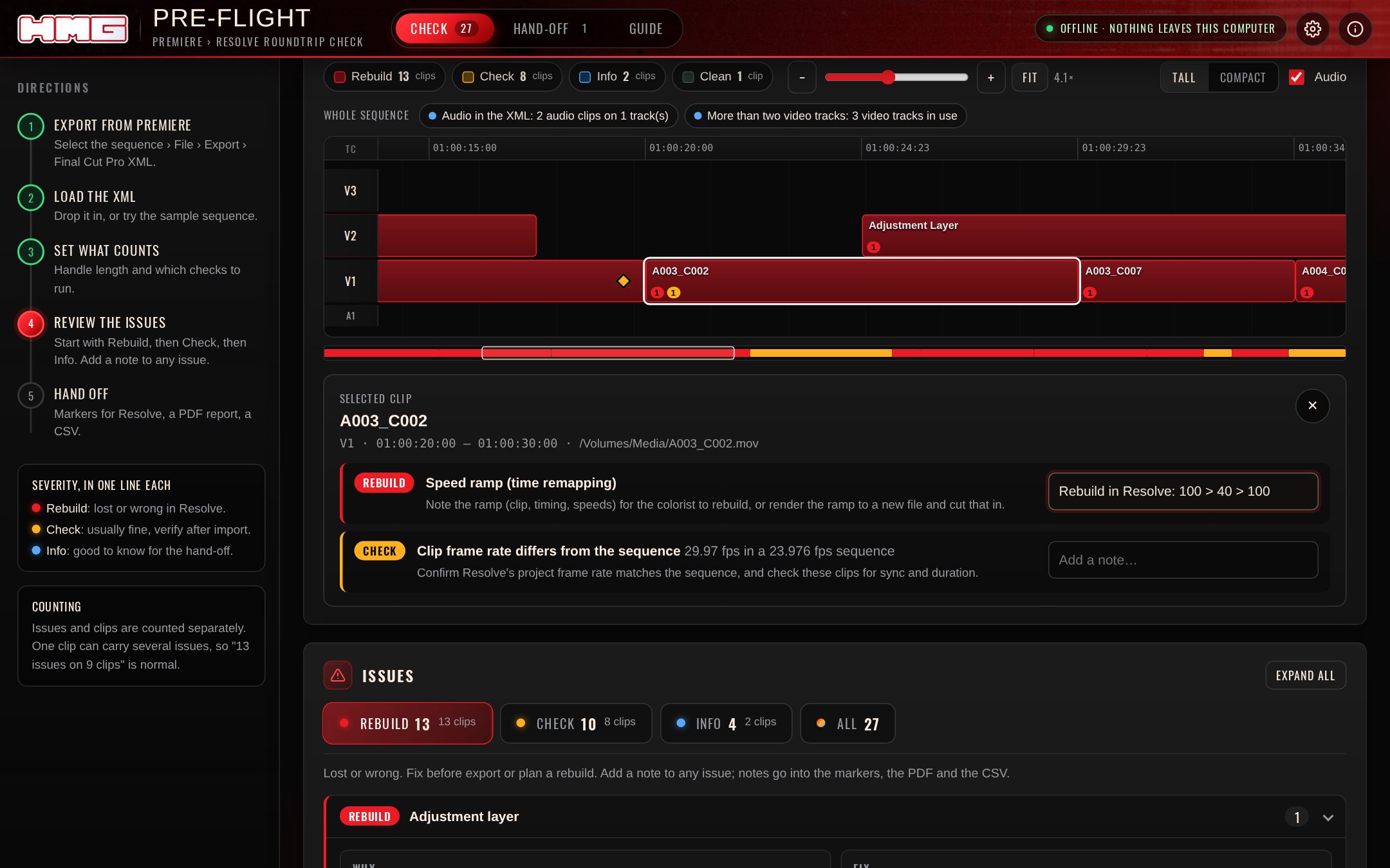 Pre-flight timeline with issues marked on each clip