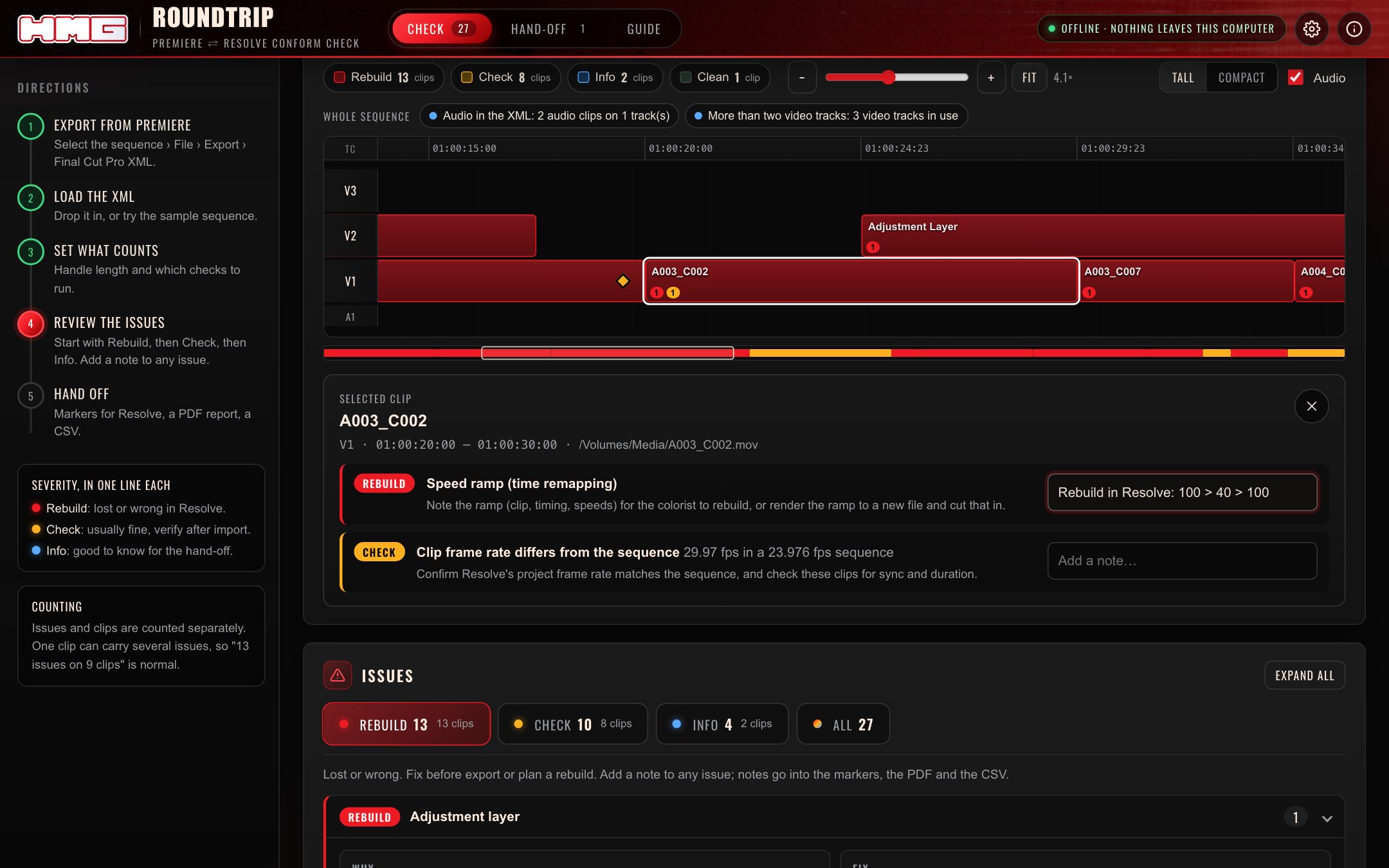 HMG Roundtrip timeline with issues marked on each clip